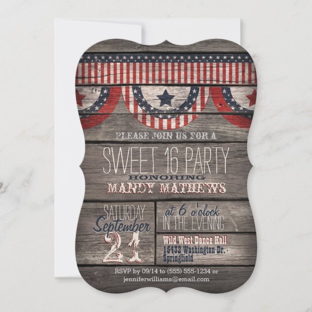 Stars & Stripes Rustic Wood Sweet 16 Party Invitation (Front)