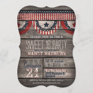 Stars & Stripes Rustic Wood Sweet 16 Party Invitation