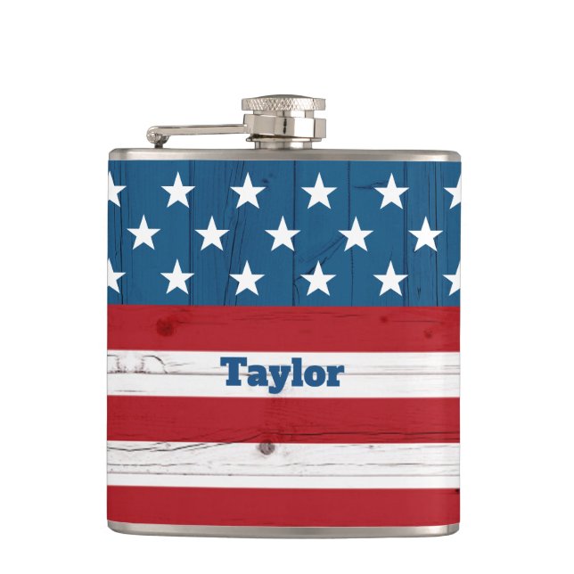 Stars Stripes USA Flag Patriotic Rustic Country  Hip Flask (Front)