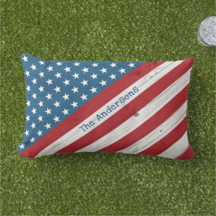 Stars Stripes USA Rustic American Flag Custom Name Lumbar Cushion