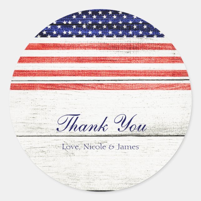 Stars & Stripes White Rustic Wood Patriotic Party Classic Round Sticker (Front)