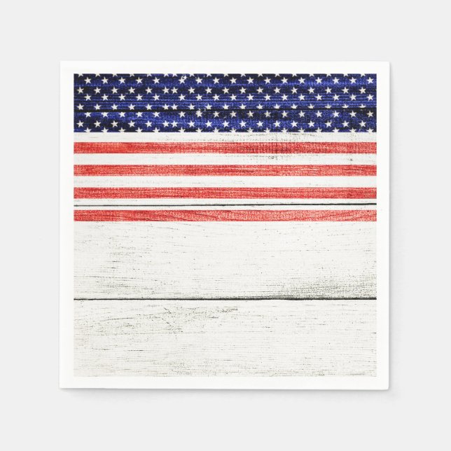 Stars & Stripes White Rustic Wood Patriotic Party Napkin (Front)