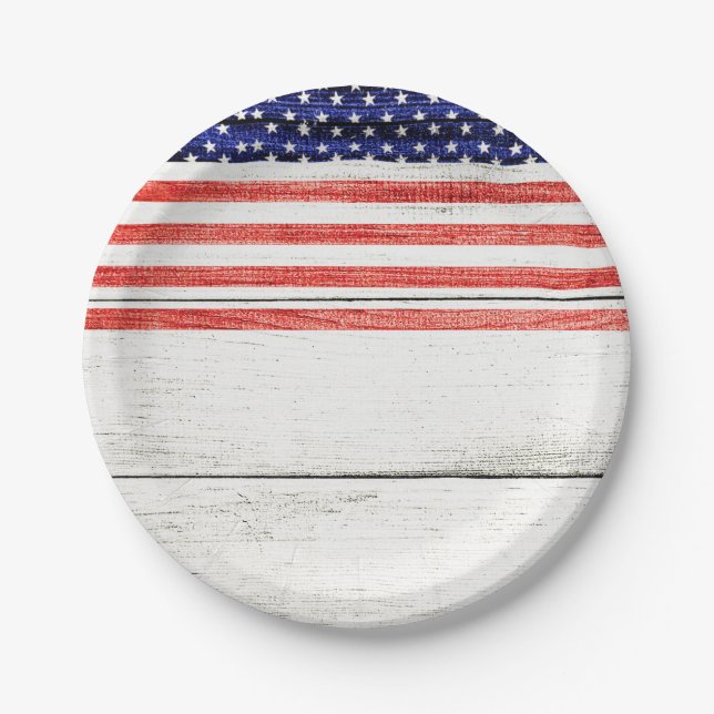 Stars & Stripes White Rustic Wood Patriotic Party Paper Plate (Front)