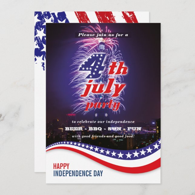 Stars & Stripes with Fireworks 4th Of July Party Invitation (Front/Back)