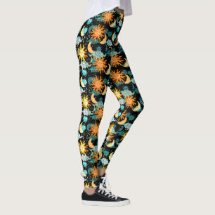 Stars Sun Moon Celestial Pattern Black Leggings