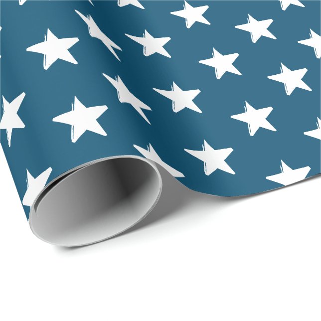 Stars teal blue and white pattern modern patriotic wrapping paper (Roll Corner)