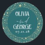 Stars Teal Night Wedding Classic Round Sticker<br><div class="desc">Teal and gold wedding stickers featuring a starry night sky and couple's names</div>