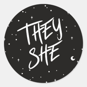 Stars They/She Pronouns Classic Round Sticker