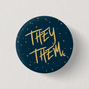 Stars They /Them Pronouns in Navy and Gold 3 Cm Round Badge