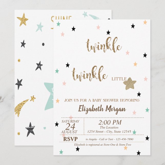 Stars, Twinkle Twinkle Little Star Baby Shower Invitation (Front/Back)