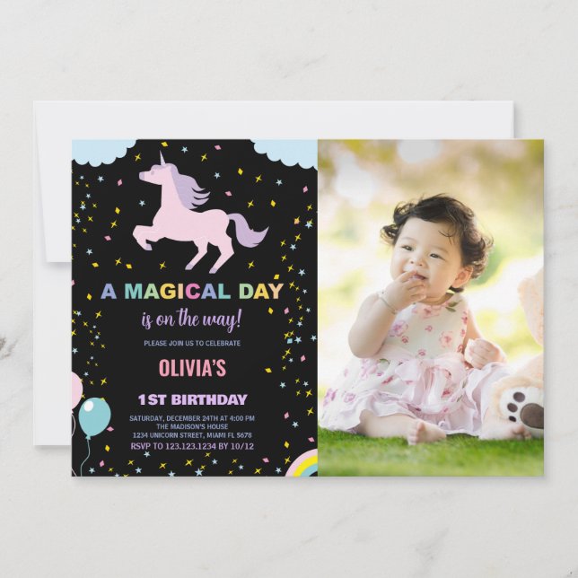 Stars Unicorn Birthday Invitations with photo (Front)