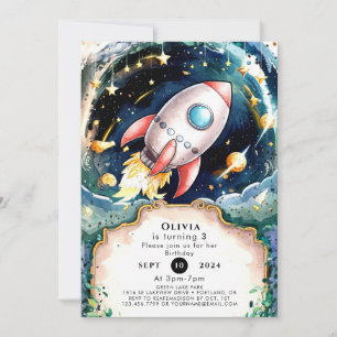 Stars Watercolor Rocket Birthday Invitation