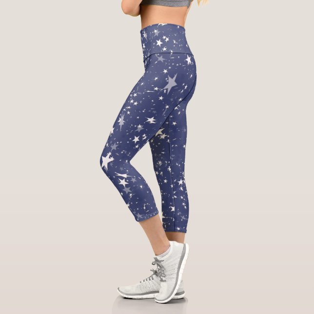 Stars White & Blue American 4th of July Capri Leggings (Left)