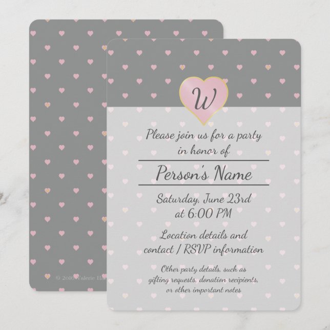 Stars Within Hearts on Grey Party Invitation (Front/Back)
