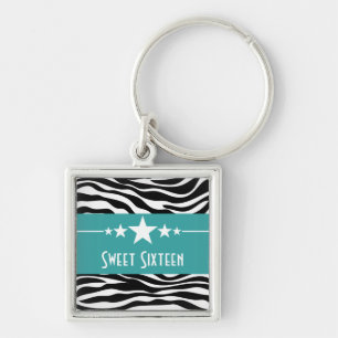 Stars Zebra Print Sweet 16 Keychain, Aqua Key Ring