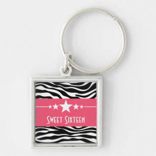 Stars Zebra Print Sweet 16 Keychain, Pink Key Ring