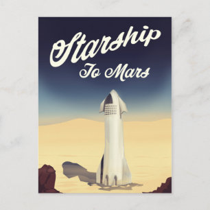 Starship to Mars vintage style space travel. Postcard