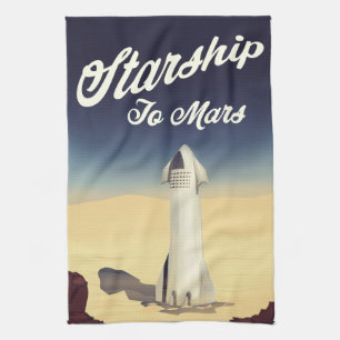 Starship to Mars vintage style space travel. Tea Towel