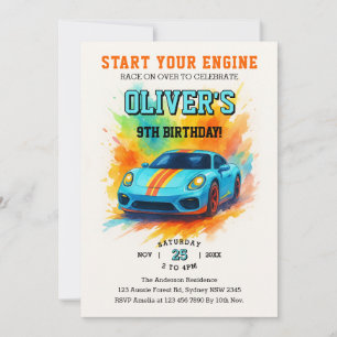Start Your Engines Cute Watercolor Birthday Party Invitation