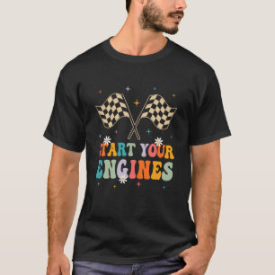 Start Your Engines Groovy Chequered Flag Retro Rac T-Shirt