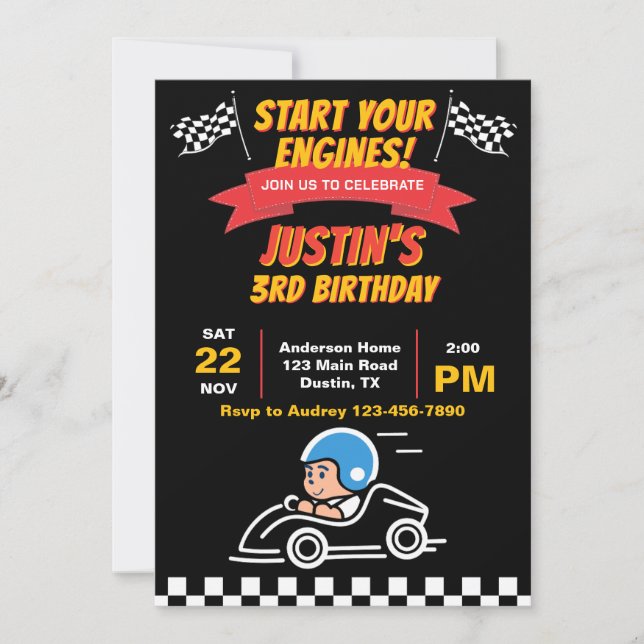 Start Your Engines Kids Birthday Party Invitation (Front)