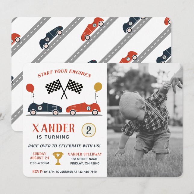 Start Your Engines Race Car Birthday Any Age Photo Invitation (Front/Back)
