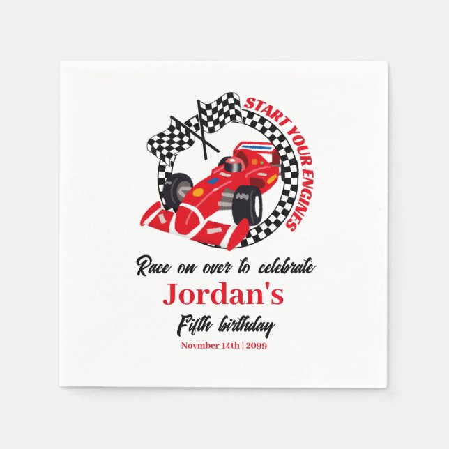 Start Your Engines Red Race Car Any Age Birthday Napkin (Front)