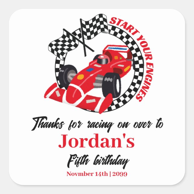 Start Your Engines Red Race Car Any Age Thank You Square Sticker (Front)