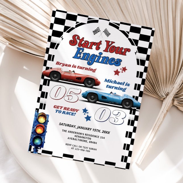 Start Your Engines Retro Race Car Double Birthday Invitation (Creator Uploaded)