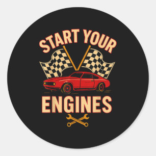 Start Your Engines Vintage Mechanics Flag Race Car Classic Round Sticker
