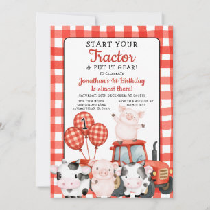 Start Your Tractor 1st Birthday Red farm animal Invitation