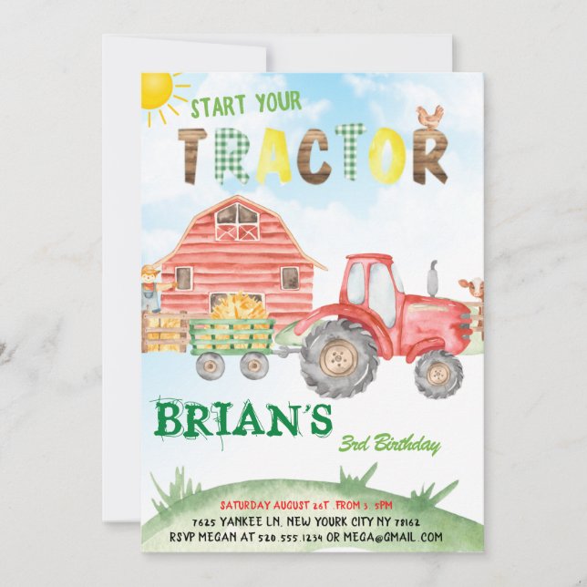 Start Your Tractor Birthday Invitation (Front)