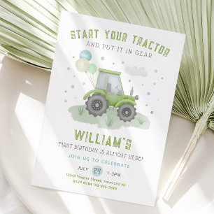 Start Your Tractor Birthday Invitation, Green Farm Invitation