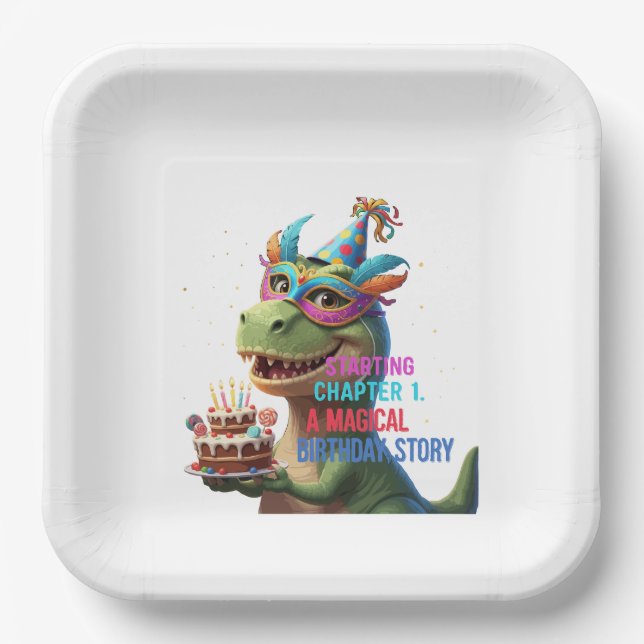 Starting Chapter 1 - Magical Dinosaur 1st Birthday Paper Plate (Front)