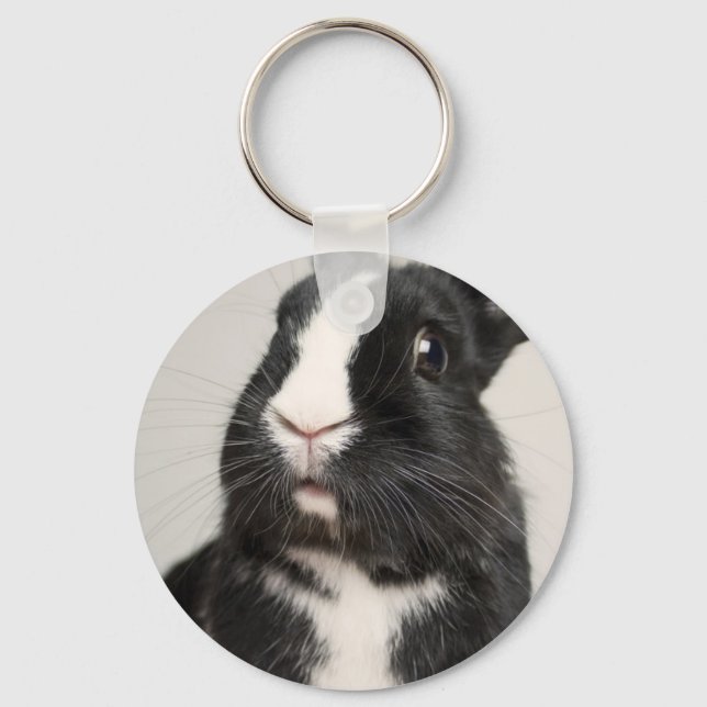 Startled Black and White Bunny Rabbit Key Ring (Front)