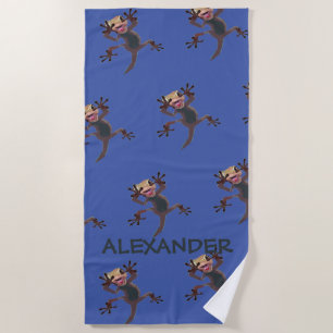 Startled Funny Gecko Lizard Blue Custom Name Beach Towel