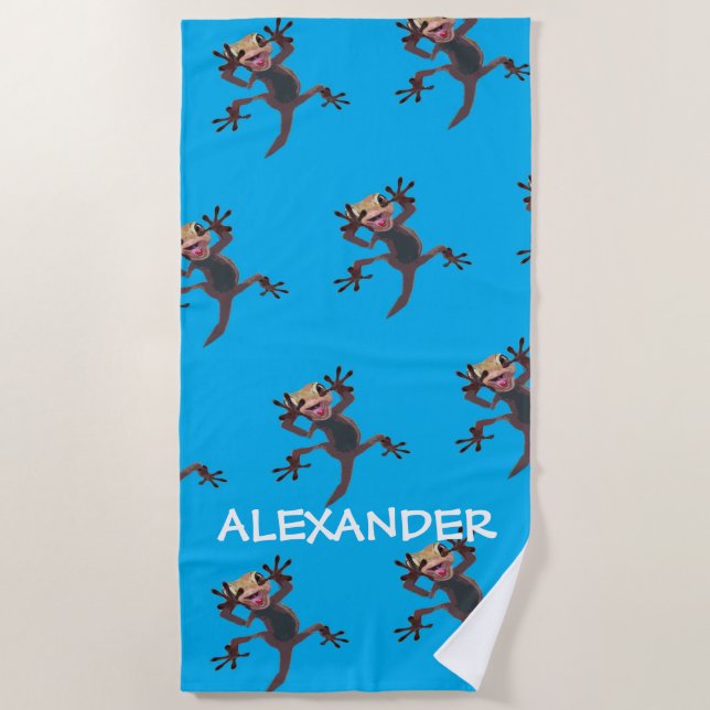 Startled Funny Gecko Lizard Light Blue Custom Name Beach Towel (Front)