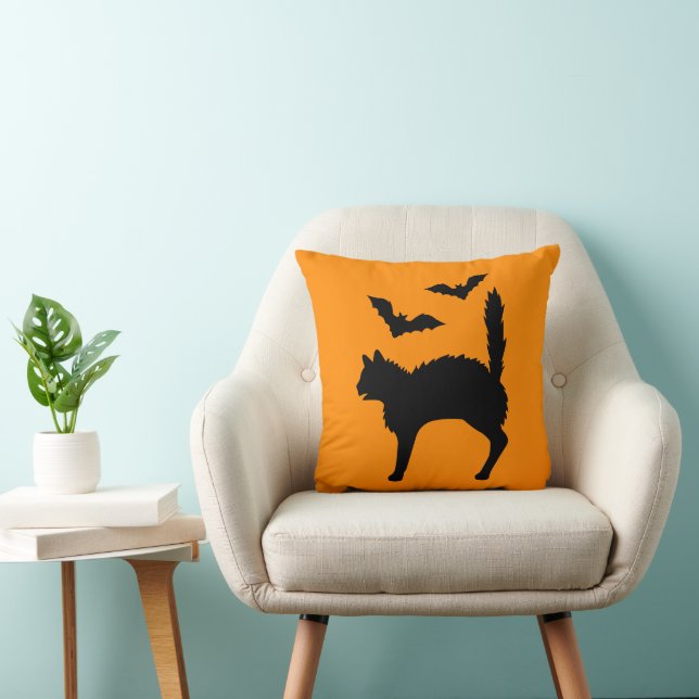 Startled Halloween Cat And Bats Silhouette Orange Cushion (Chair)