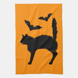 Startled Halloween Cat And Bats Silhouette Orange Tea Towel