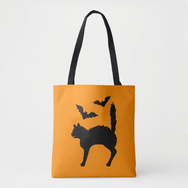 Startled Halloween Cat And Bats Silhouette Orange Tote Bag (Front)