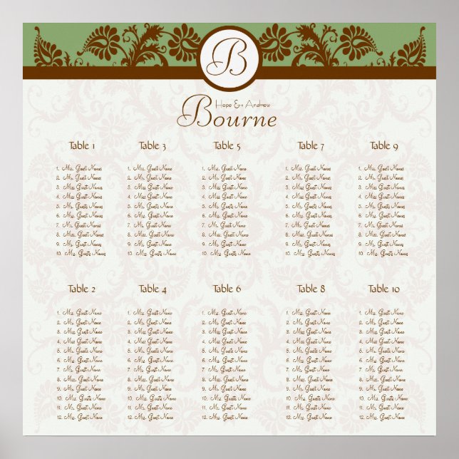 starts at $12.80 Damask Seating Chart 10 Tables (Front)