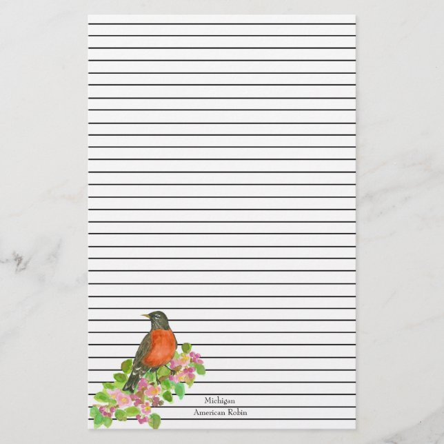State Bird of Michigan American Robin Lined Stationery (Front)