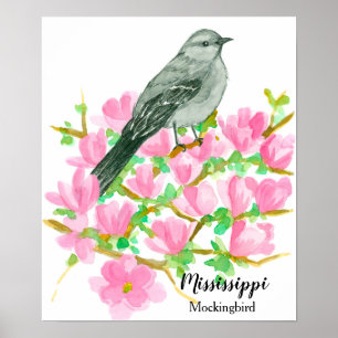 State Bird of Mississippi Mockingbird Watercolor Poster