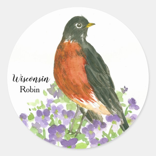 State Bird of Wisconsin Robin Wood Violet Classic Round Sticker (Front)