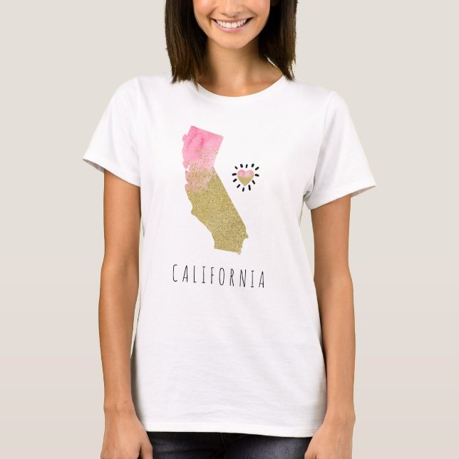 *~* STATE CALIFORNIA - Glitter Map Pink Heart T-Shirt (Front)