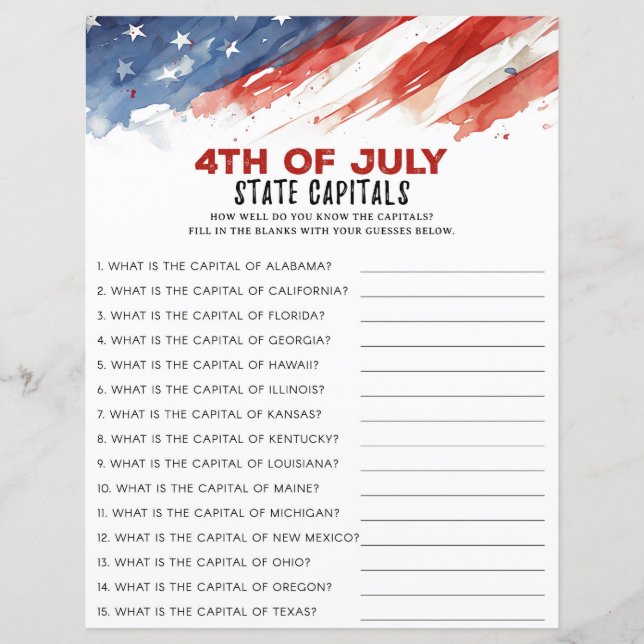 State Captials 4th of July Party Game (Front)