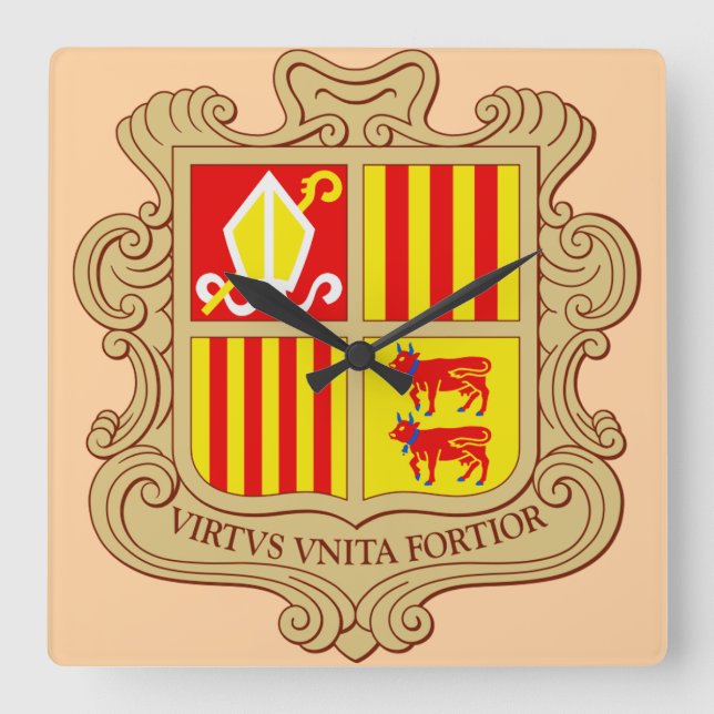 State Emblem of Andorra Historic Co-Principality Square Wall Clock (Front)