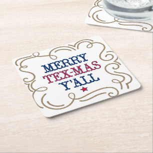 State Flag Red and Blue Merry Tex-Mas Y'all Square Paper Coaster