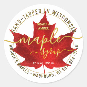 State Name Fancy Font Maple Syrup Red Leaf Black   Classic Round Sticker