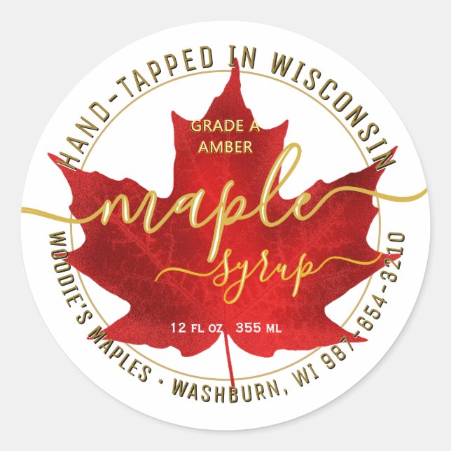 State Name Fancy Font Maple Syrup Red Leaf Black   Classic Round Sticker (Front)